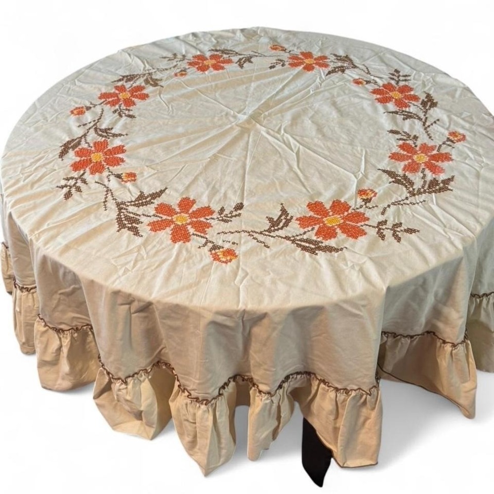 vintage Beautiful handmade embroidered tablecloth‎ with orange flowers & ruffles